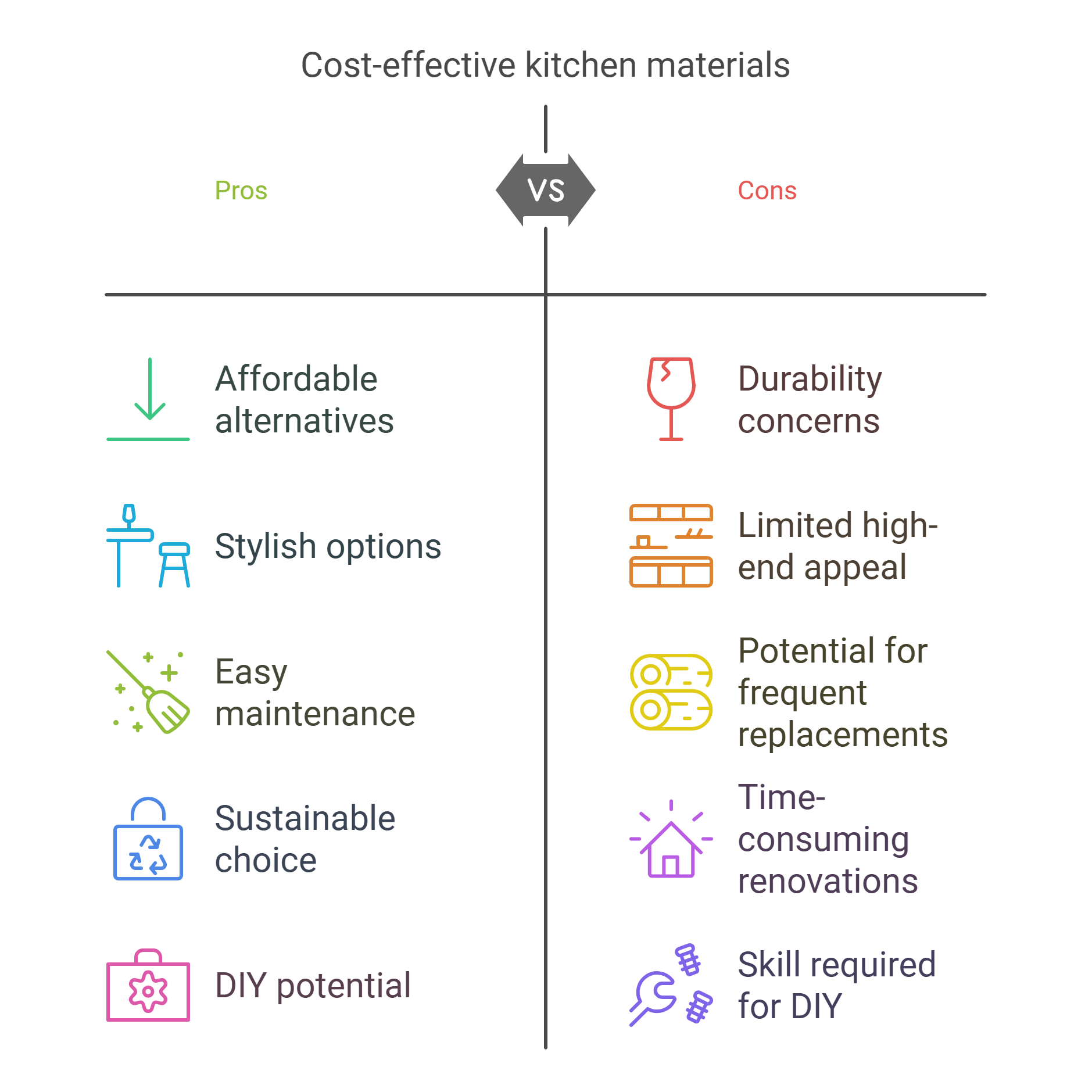 Comparison chart titled 'Cost-effective kitchen materials,' showing pros like affordability and sustainability, and cons like durability concerns and frequent replacements, with colorful icons for each point.