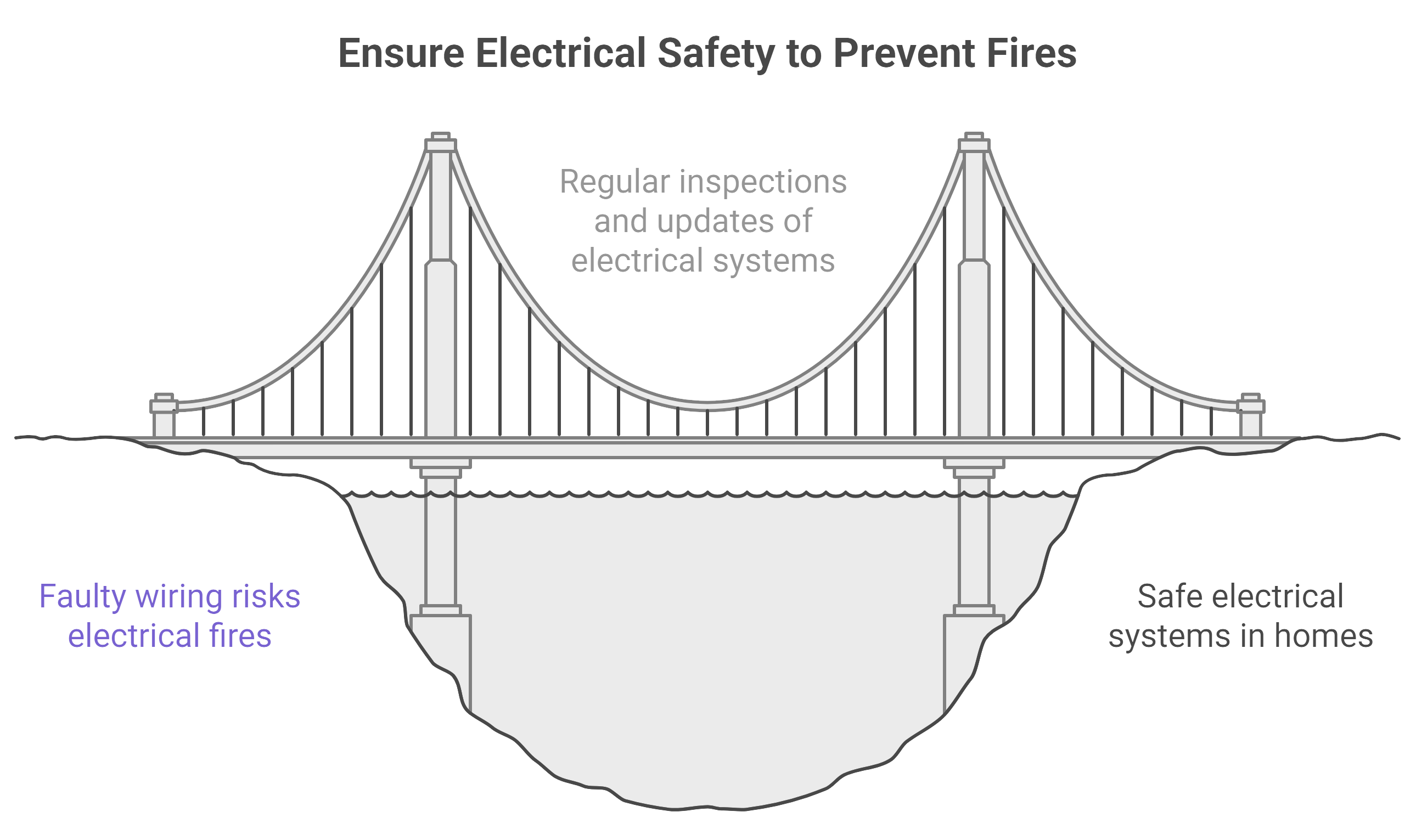 A diagram of a bridge illustrating "Use electrical safety to prevent fires" with clear visual elements.