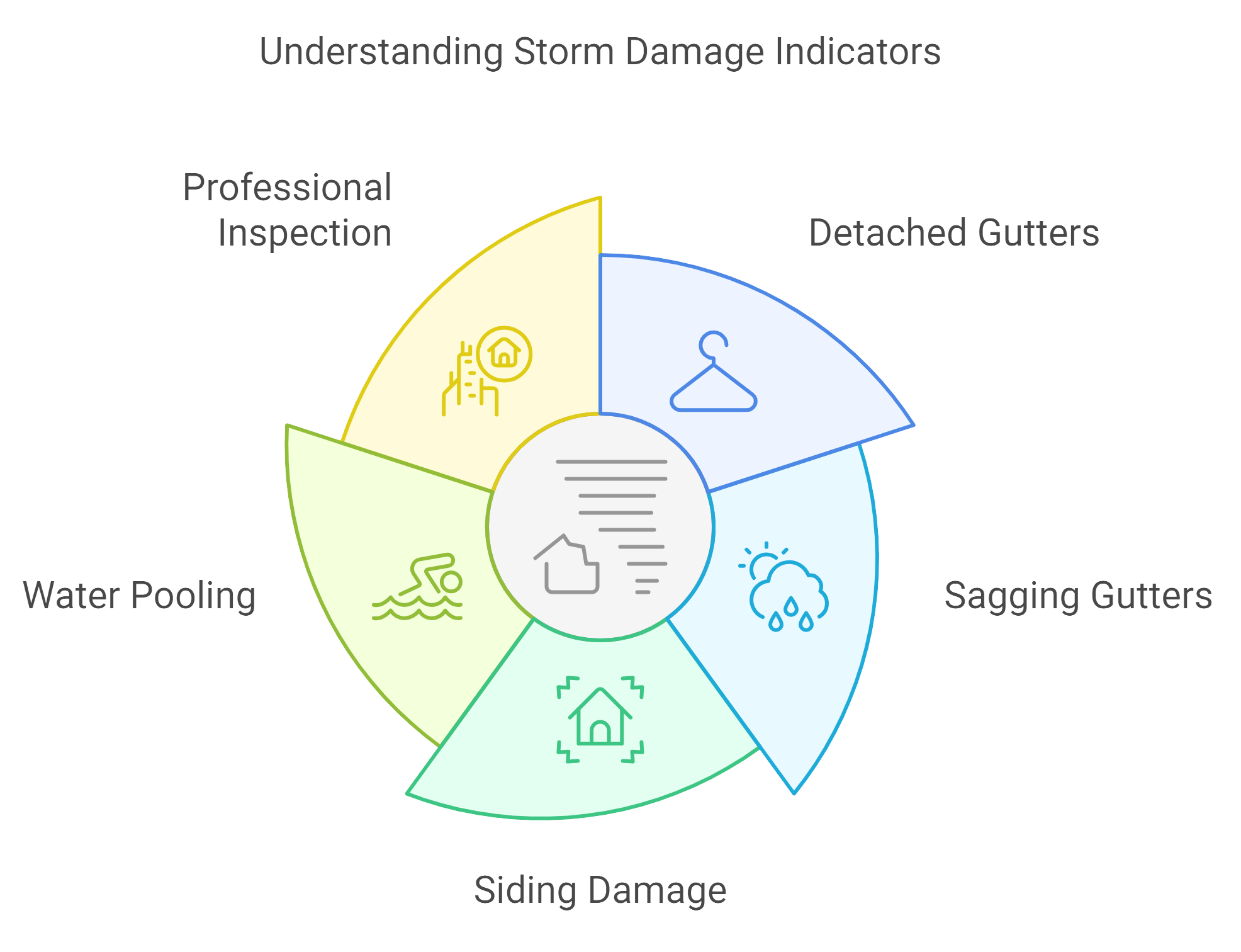 Image depicting various storm damage indicators, including broken branches, roof damage, and flooded areas for assessment.